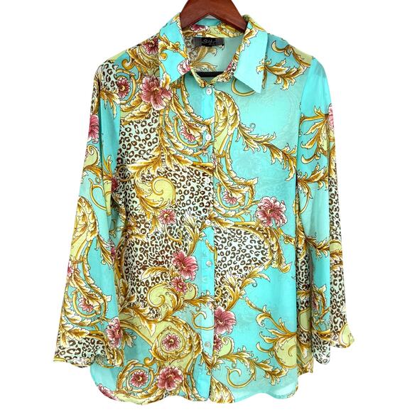 Slinky Brand Tops - Slinky Brand Sz Large Super Sheer Tropical Floral Long Sleeve Blouse Shirt Top